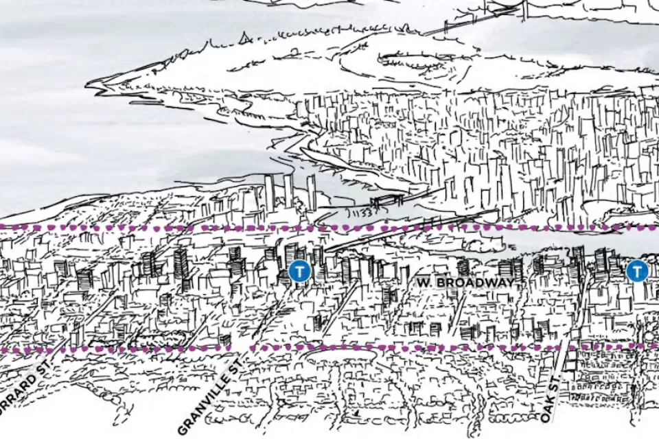 A conceptual rendering showing the potential development capacity of zoning changes included in the Broadway Plan for Vancouver, British Columbia.